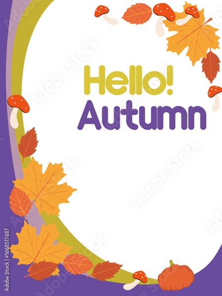 Obraz illustration of various autumn nature elements with Hello Autumn. Transparent background  frame with leaves, mashrums and pumpkins. seasonal content