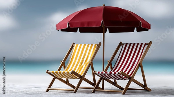 Fototapeta Serene Beach Retreat: A vibrant beach scene, with colorful striped deck chairs and a parasol, set against the backdrop of a tranquil ocean. Inviting relaxation and summer vibes.