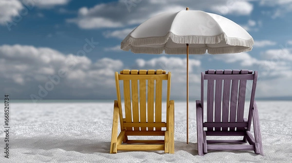 Fototapeta Relaxing beach scene: Capture the essence of summer with two beach chairs and a parasol on a sunny beach with a blue sky and fluffy clouds in the background. 