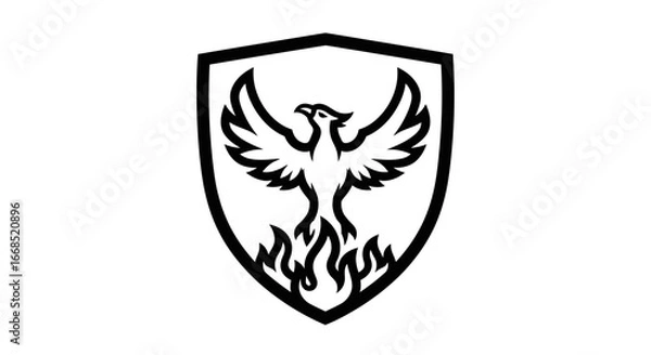 Fototapeta phoenix firebird emblem fiery bird in shield logo design, rebirth symbol