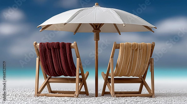 Fototapeta Seaside Relaxation: Two inviting chairs sit beneath an umbrella on a pristine shore, offering a scene of tranquility and repose, perfect for vacation and idyllic getaway.