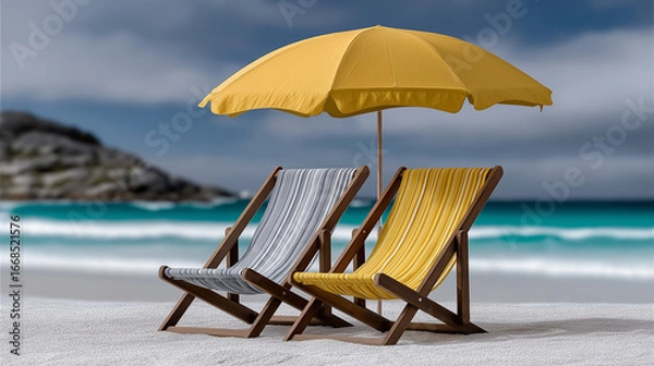 Fototapeta Beach Serenity: Two inviting beach chairs, sheltered by a vibrant yellow umbrella, sit on pristine sands. This tranquil scene captures the essence of leisure and relaxation.