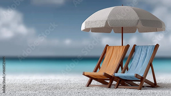 Fototapeta Seaside Serenity: Two inviting chairs under a beach umbrella invite relaxation, offering a picturesque view of the tranquil ocean and expansive sky.
