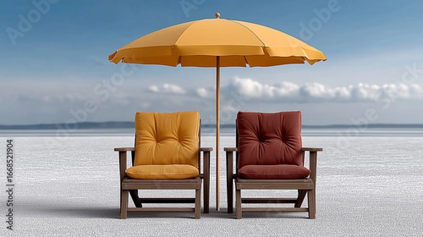 Fototapeta Relaxation Under the Sun: Two inviting wooden chairs, adorned with plush cushions, offer a tranquil retreat beneath a sunny yellow umbrella, overlooking a serene sea.