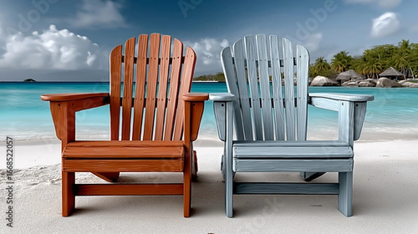 Fototapeta Beach Chairs: Two inviting chairs offer a scenic beachfront view, exuding serenity and a hint of summer bliss. A tranquil scene of relaxation and escape.