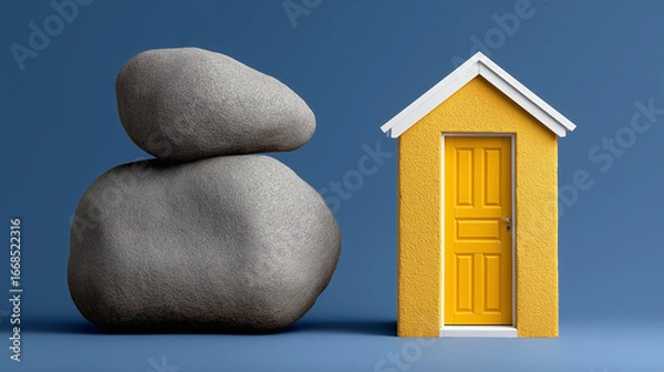 Fototapeta Balancing Act: The image captures a thought-provoking juxtaposition of stability and serenity, as a stack of stones finds its stillness next to a charming yellow door with an inviting atmosphere. 