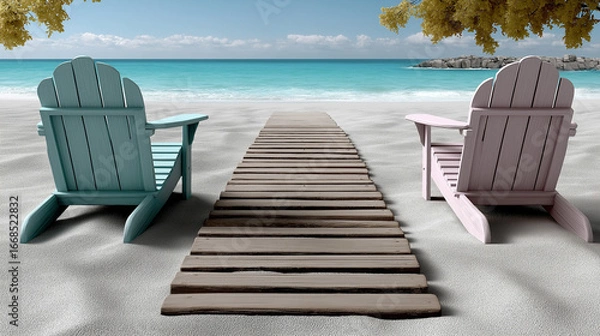 Fototapeta Serene Beach Scene: Two colorful wooden chairs facing a picturesque beach with a wooden pathway leading toward the tranquil turquoise water and golden sand, evoking a sense of peace and serenity.