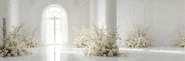 Fototapeta A bright and elegant interior featuring white flowers, perfect for wedding backdrops and decorative floral arrangements in a spacious room