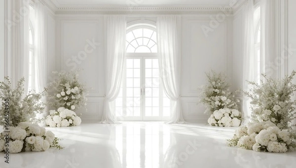 Fototapeta Bright and airy white room interior featuring elegant floral arrangements, bathed in natural light from the window, creating a luxurious and modern space