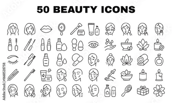 Fototapeta a set of 50 outline icons dedicated to beauty and care. All icons are made in a minimalist style with black outlines on a white background.