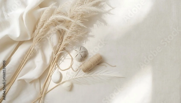 Fototapeta Elegant flat lay composition featuring pampas grass, sand dollars, and seashells on a soft white fabric, creating a serene and minimalist aesthetic