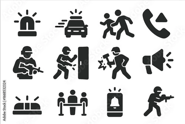 Obraz Emergency Action Icons. Solid style icons of emergency police actions: siren light, pursuit car icon, suspect chase, emergency