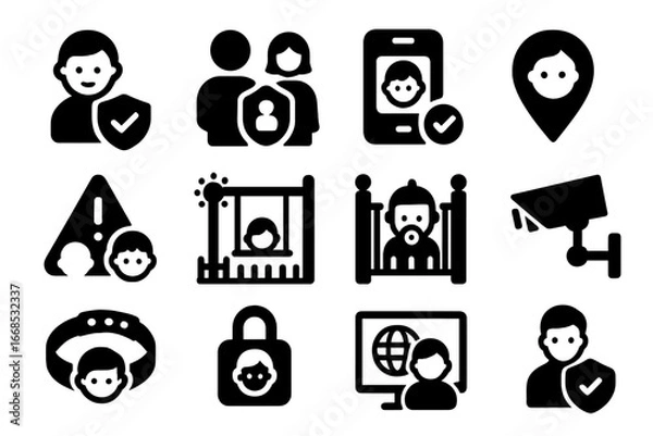 Obraz Children's Security Icons. Solid style icons of children’s security: child with shield, parental controls icon, kids safe app,
