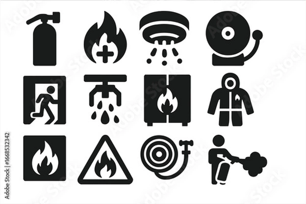 Obraz Fire Safety Icons. Solid style icons of fire safety: fire extinguisher, flame with cross icon, smoke detector, fire alarm bell,
