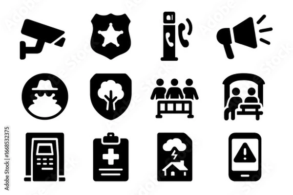 Obraz Public Safety Icons. Solid style icons of public safety: city camera icon, street patrol badge, emergency pole symbol, community