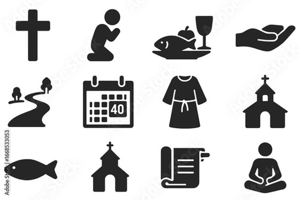 Obraz Lent Iconography. Solid style icons of Lent: ashes cross, praying figure, fasting meal, giving hand, wilderness path, 40-day