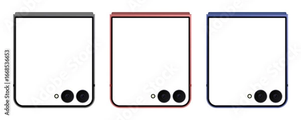 Fototapeta Three modern foldable smartphones mockup in closed position, in various colors, showcasing a sleek and minimalist design for digital mockups