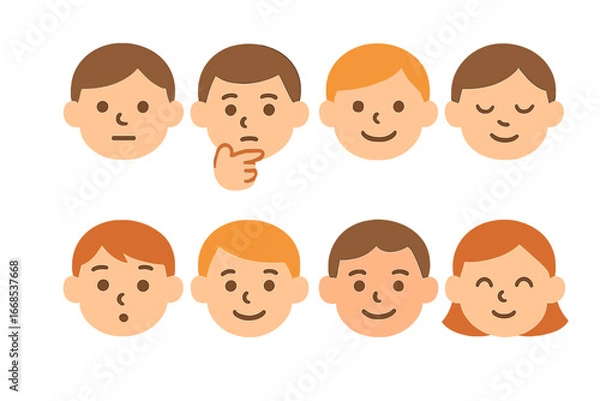 Fototapeta Emotional Faces Grid. Flat vector mini-illustrations wisdom in emotions in colors children's illustrations: calm face, thoughtful