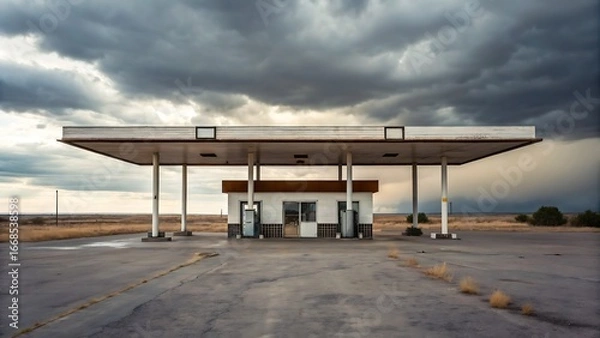 Fototapeta Old abandoned gas station in desolate place under a threatening sky. Suitable for themes of abandonment, urban decay, and isolation.