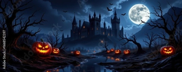 Fototapeta Spooky Halloween night with glowing jack o' lanterns a haunted castle and bats flying under a full moon