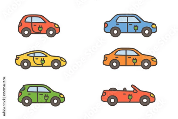 Fototapeta Colorful Drone & Car Icons. Flat vector mini-illustrations drone uses in colors children's illustrations: aerial photography,