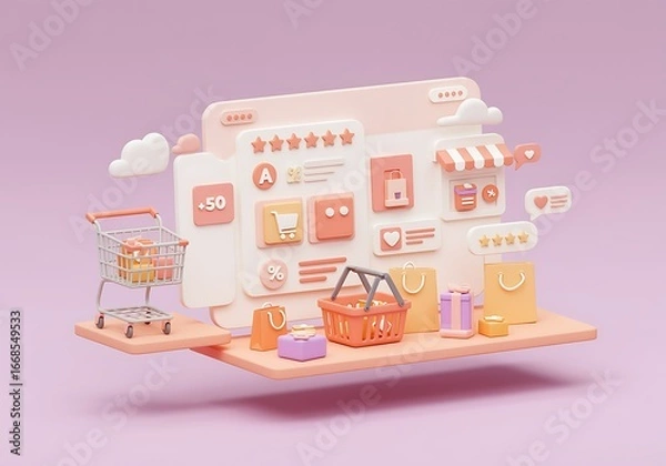 Fototapeta Conceptual mobile online shopping application interface with shopping cart basket bags and feedback notifications for e commerce and business marketing