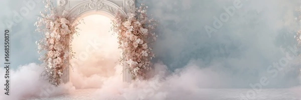 Fototapeta A dreamy floral archway with soft lighting and ethereal smoke, creating a romantic and enchanting backdrop for a wedding or special event, perfect for memorable photos