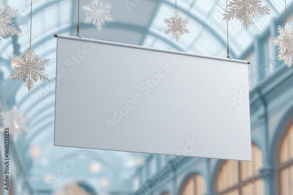 Fototapeta Blank horizontal mockup banner in indoor shopping arcade decorated with star lights and snowflakes, advertising copy space