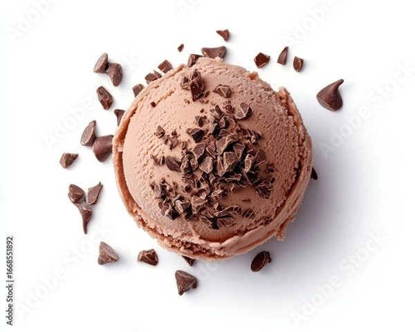 Fototapeta Decadent Chocolate Ice Cream Scoop Viewed from Above with Crunchy Chocolate Chips on a Bright White Surface