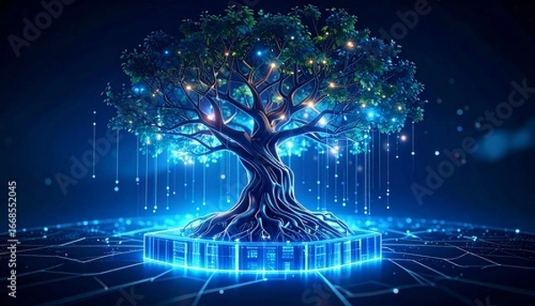 Obraz Digital tree blooms on geometric platform