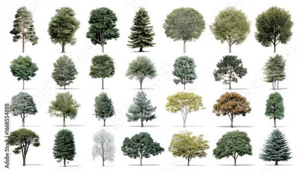Fototapeta Collection of various trees, isolated on white background