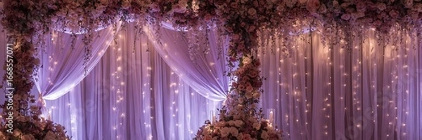Fototapeta Elegant wedding decoration with floral arch, soft lighting, and sheer drapes creating a romantic and festive ambiance for a beautiful celebration
