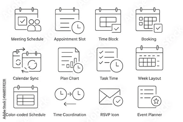 Fototapeta Schedule Icons. Line style icons of schedule management: meeting schedule, appointment slot, time block, booking icon, calendar
