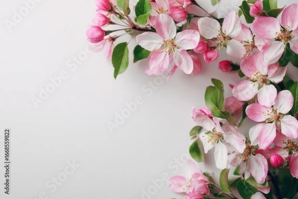 Fototapeta Delicate pink and white blossoms arranged on a light gray background