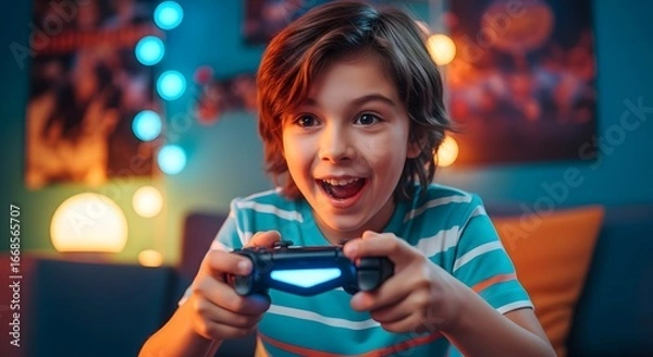 Fototapeta Boy with controller smiles while playing video game in a room with colorful lighting and decorations