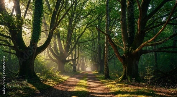 Fototapeta A path winds through a dense forest of tall, mature trees with sunlight filtering through the canopy, creating a serene and inviting atmosphere.