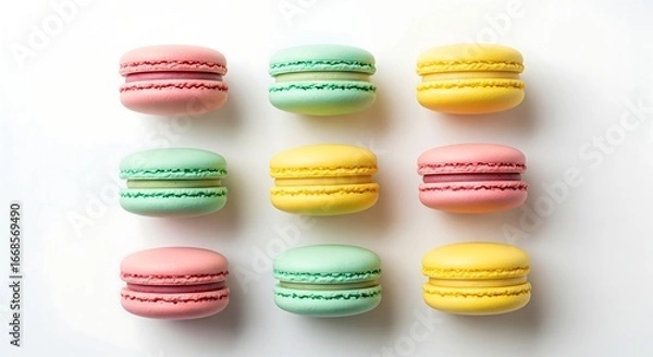 Fototapeta Colorful macarons arranged in a three-by-three grid pattern on a white surface, showcasing pastel shades of pink, green, and yellow.