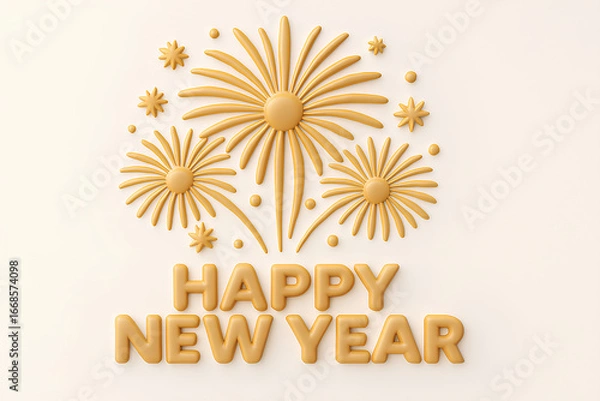Fototapeta Happy New Year Fireworks Design – Festive Gold Text and Starburst Celebration on Dark Background