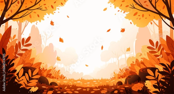 Fototapeta Scenic autumn forest path with falling orange leaves, a beautiful vector illustration for a fall season background