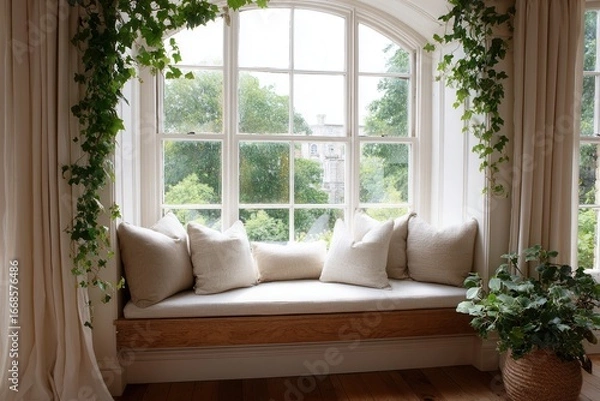 Fototapeta A serene window seat adorned with soft cushions and lush greenery, creating a peaceful indoor retreat. Ideal for relaxation and comfort.