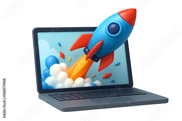 Fototapeta Rocket Launching from Laptop – Digital Startup Illustration Symbolizing Innovation and Tech Growth