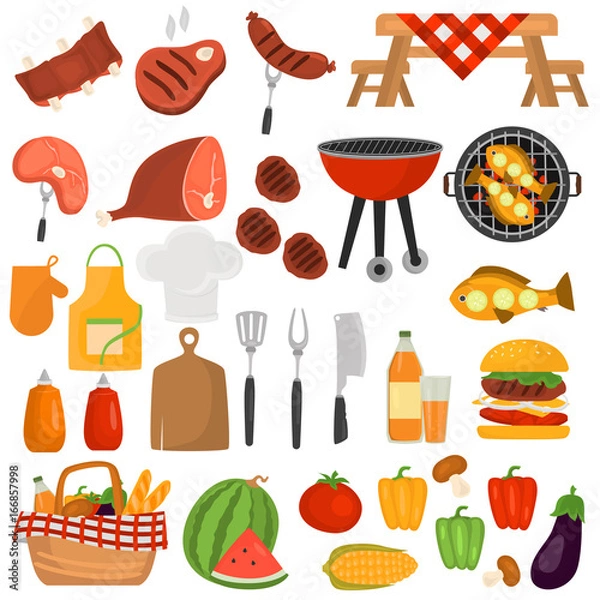 Fototapeta Barbeque color icons set for web and mobile design