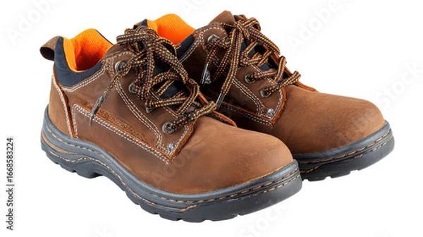 Fototapeta Pair of brown work safety shoes with laces background isolated on a Transparent background, PNG file.