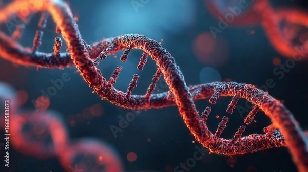Obraz Futuristic dna double helix structure glowing over high-tech medical technology background, representing biotechnology, genetic research, molecular biology, and healthcare innovation