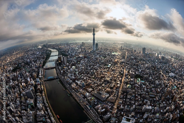 Obraz Wide-angle aerial view of Tokyo cityscape with Skytree Tower at the centre, Japan