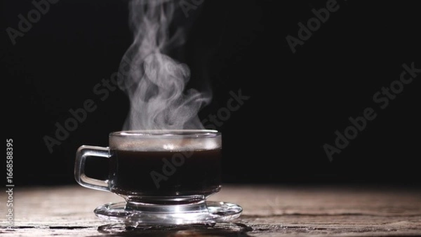 Obraz Coffee. Hot coffee in a clear glass cup with steam rising against a dark background, symbolizing warmth, freshness, and energy. Concept of hot coffee drink.