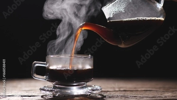 Fototapeta Hot coffee being poured into a clear glass cup with steam rising against a dark background, symbolizing warmth, freshness, and energy. Concept of hot coffee drink.