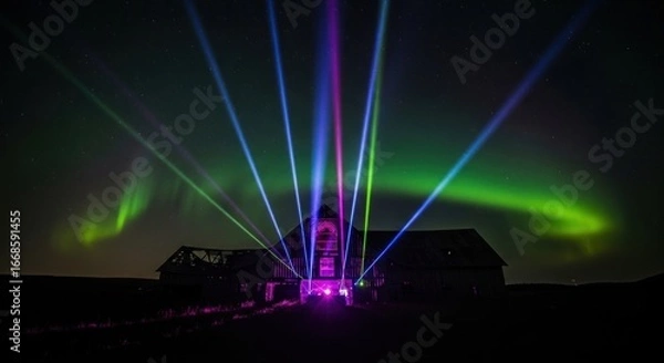 Fototapeta Ethereal Aurora Borealis Illuminates Silhouetted Barn with Vibrant Laser Beams