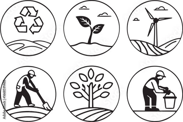 Obraz Environmental and Green living awarness line art vector icon set. Nature and Environment flat black outline icons for Web and App. Editable illustration linear