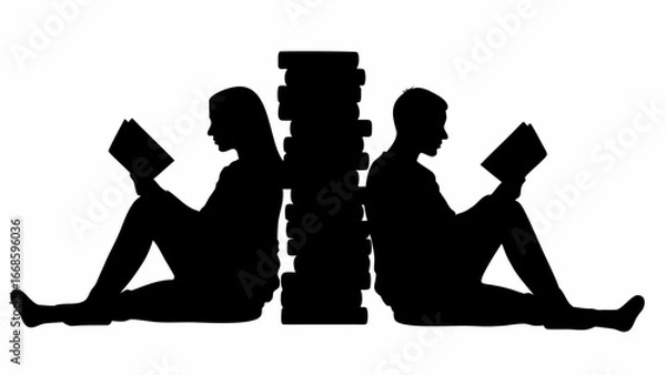 Fototapeta Silhouette of woman and man reading books sitting back to back against a stack of books isolated on white